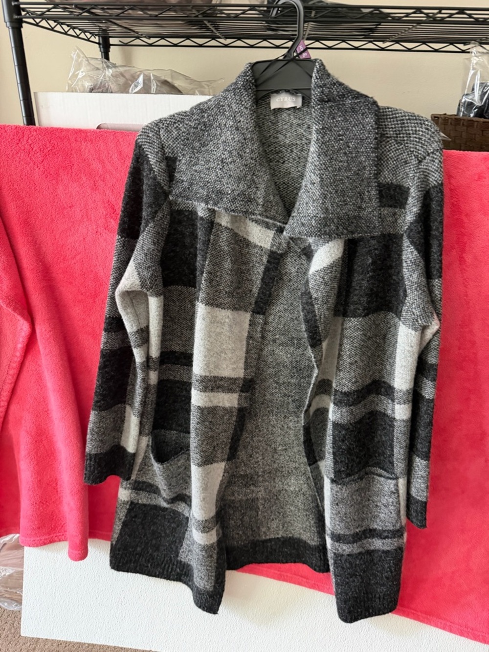 Cyrus Black and Gray Plaid Open-Front Cardigan